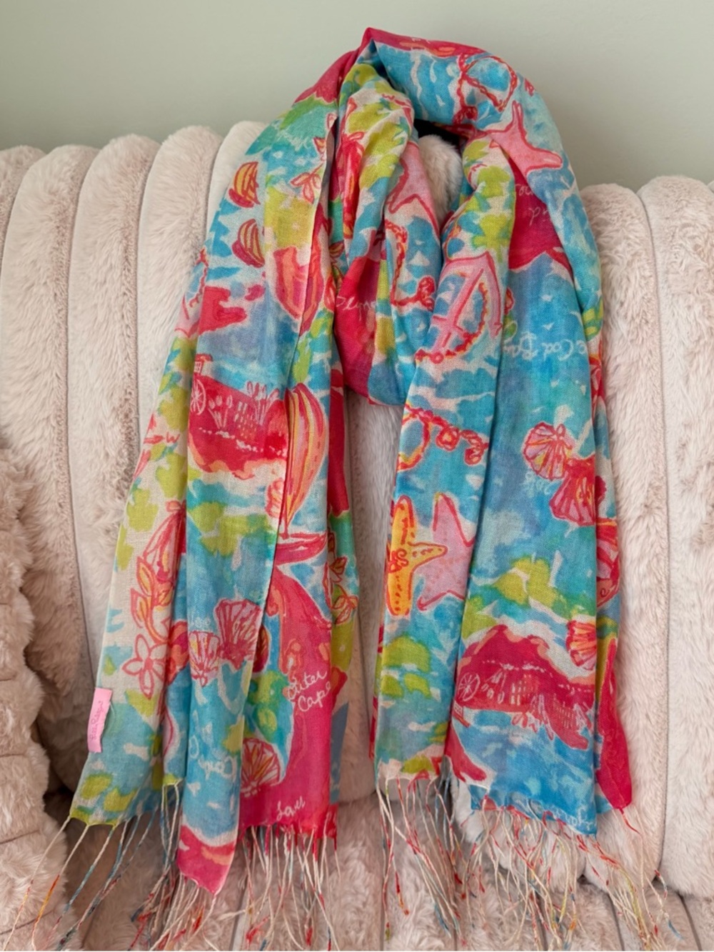 Lilly Pulitzer Limited Edition Cape Cod Coastal Print Silk Scarf in Blue Pink